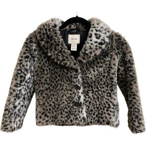 Faux Fur Leopard Print Button up Jacket Girls Size Small 6/6X Gray White Taupe